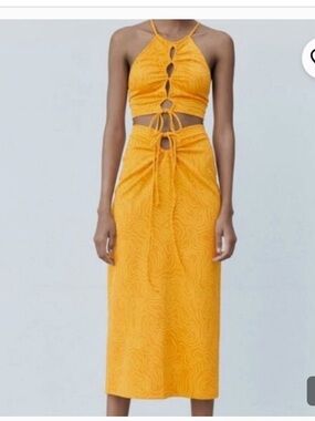Zara Mustard Yellow Abstract Cutout Tie Midi Dress